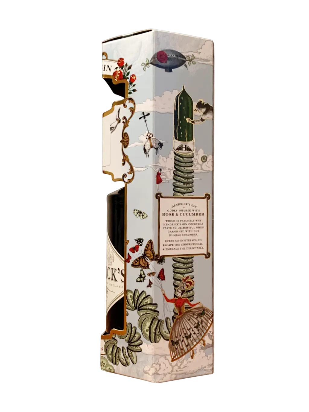 Bouteille de Gin Hendrick's Original dans un coffret avec un trancheur de concombre
