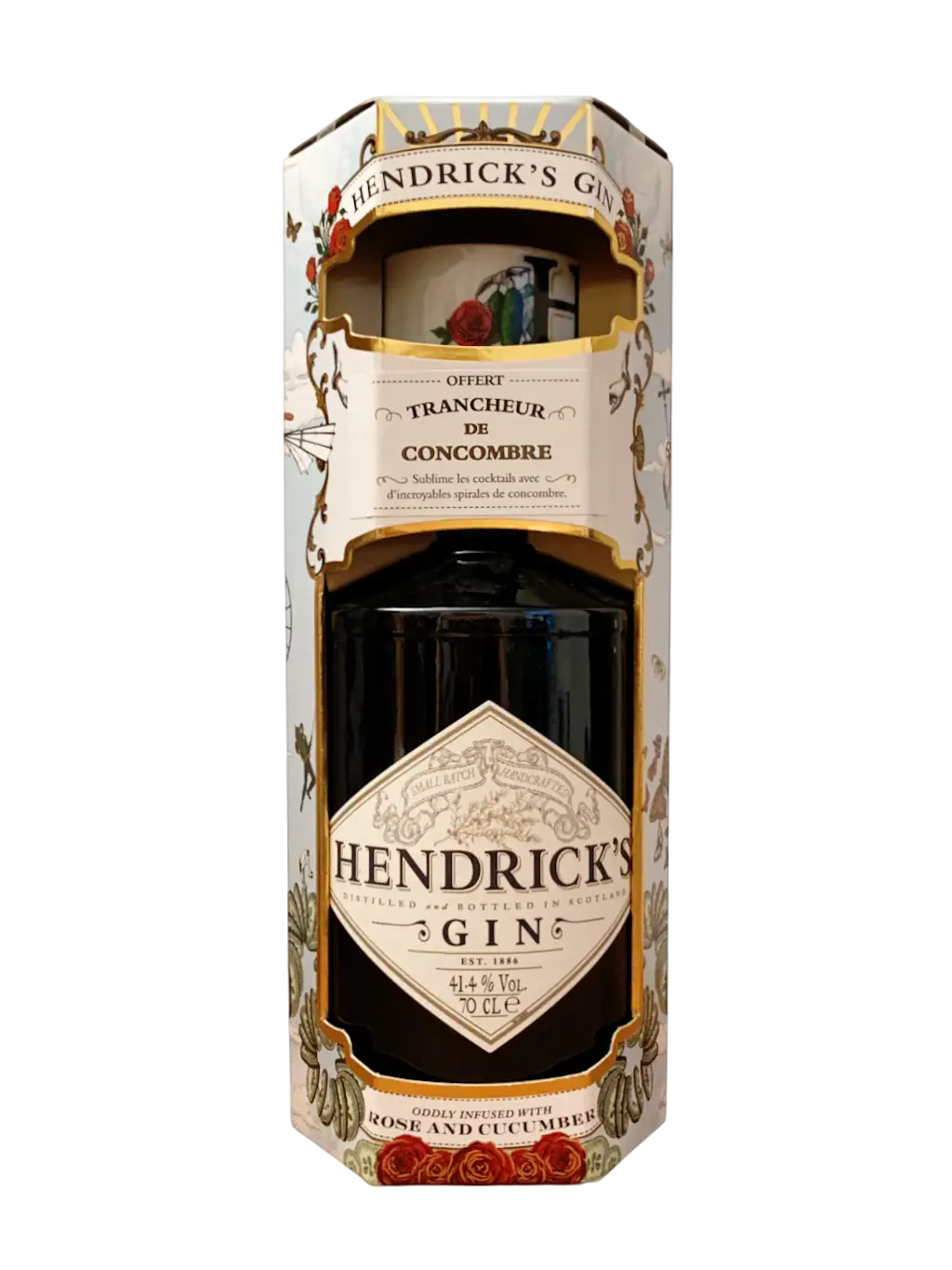 Bouteille de Gin Hendrick's Original dans un coffret avec un trancheur de concombre