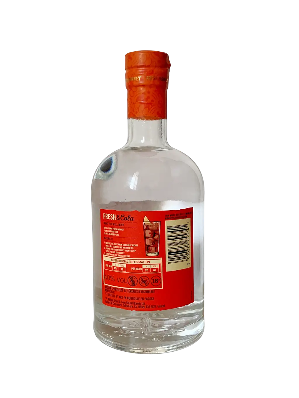Monkey Shoulder Fresh Monkey Blended grain spirit distilled, blended and bottled in Scotland by William Grant & Sons LTD