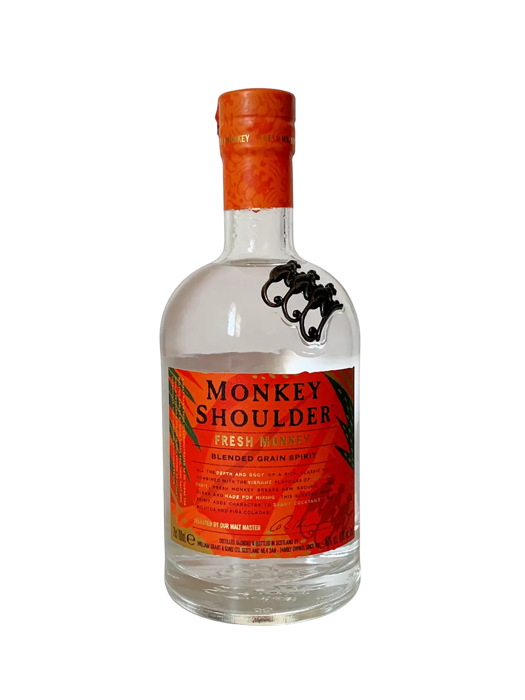 Monkey Shoulder Fresh Monkey Blended grain spirit distilled, blended and bottled in Scotland by William Grant & Sons LTD