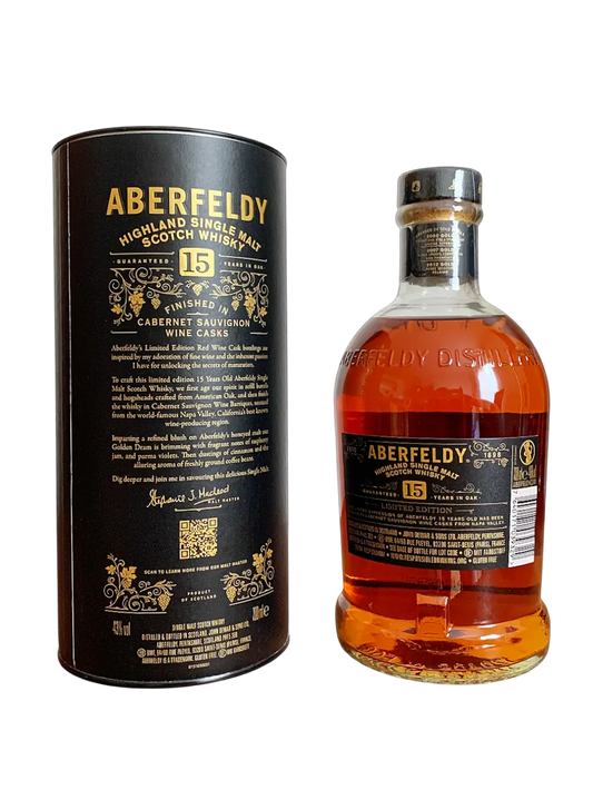 Aberfeldy Highland Single Malt Scotch Whisky 15 years old Finished in Cabernet Sauvignon wine casks from Napa Valley Limited Edition