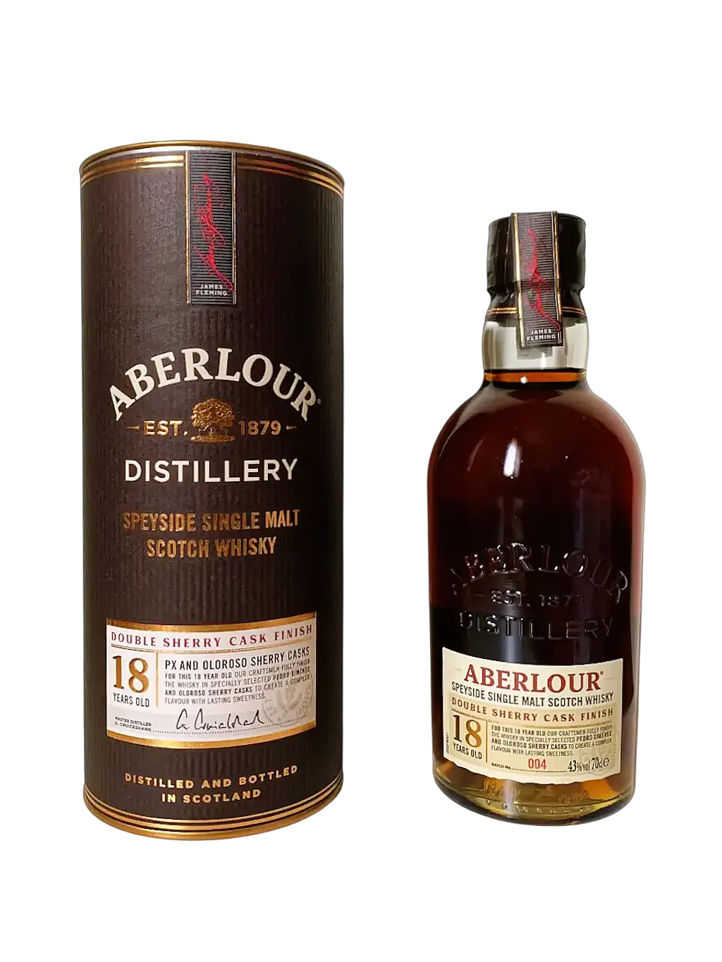 Aberlour Speyside single malt Scotch whisky Double sherry cask finish aged 18 year old. This is batch 004.