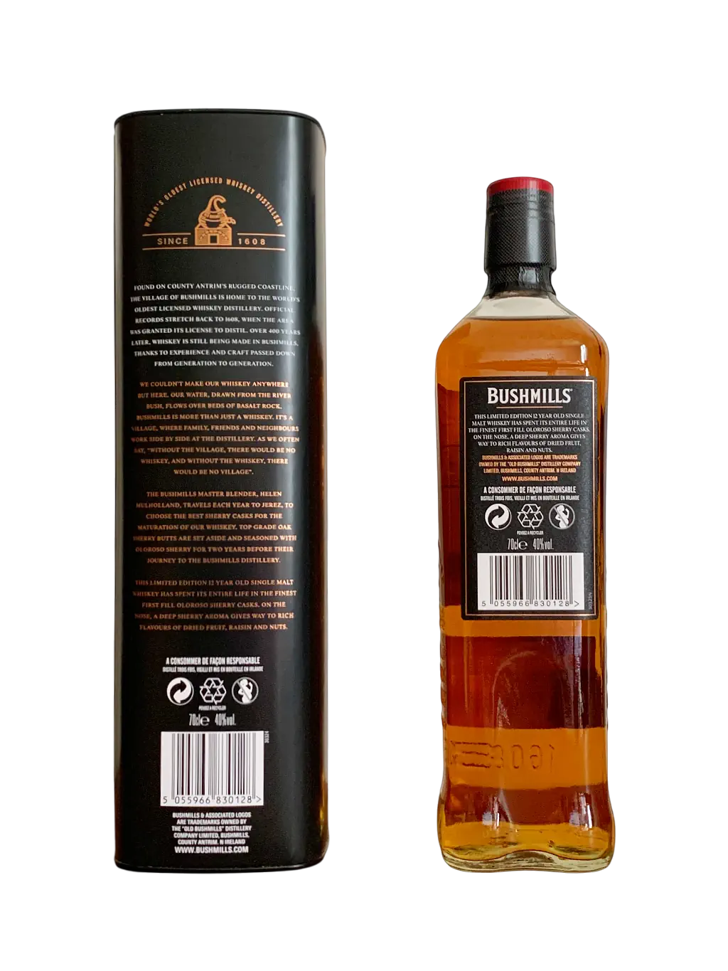 Bushmills Single Malt Irish Whiskey aged 12 years in first fill sherry casks. An Exclusive Edition