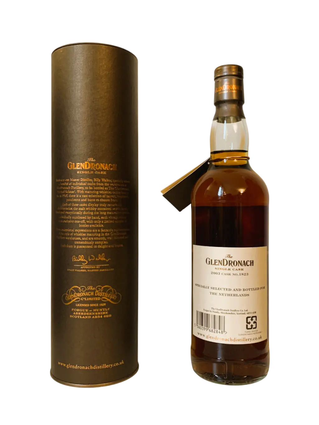 The GlenDronach single cask distilled in 2003, aged 12 years in Pedro Ximenez sherry puncheon specially selected and bottled for the Netherlands
