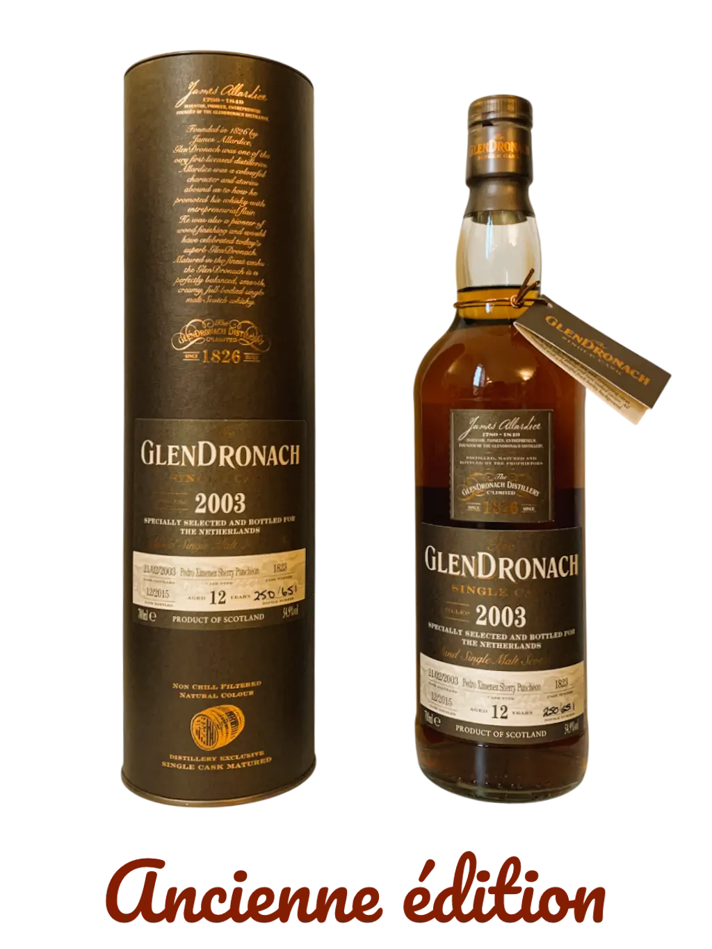 The GlenDronach single cask distilled in 2003, aged 12 years in Pedro Ximenez sherry puncheon specially selected and bottled for the Netherlands