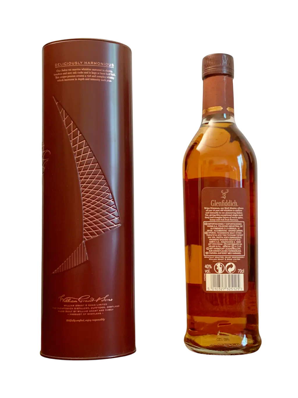 Glenfiddich single malt Scotch whisky aged 15 years unique solera reserve dans un étui métallique