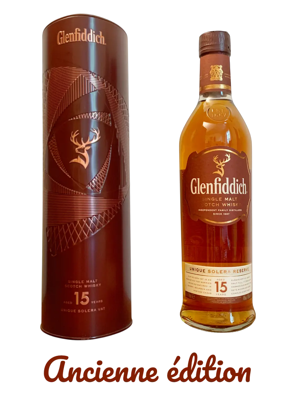 Glenfiddich single malt Scotch whisky aged 15 years unique solera reserve dans un étui métallique