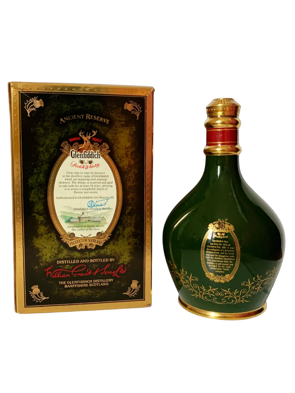 Ancient Reserve Scotch Whisky aged 18 years distilled and bottled at the Glenfiddich Distillery in green ceramic decanter