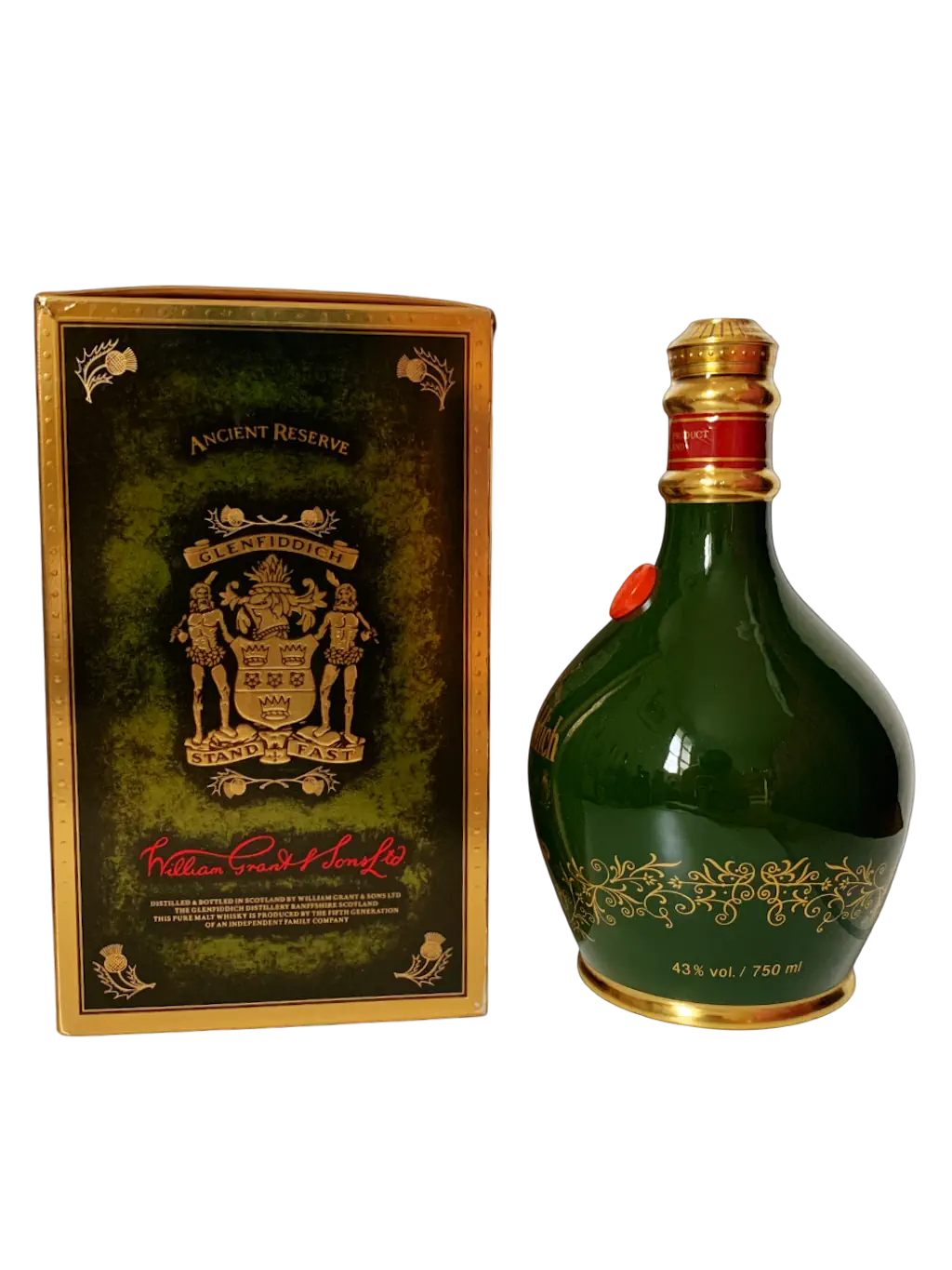 Ancient Reserve Scotch Whisky aged 18 years distilled and bottled at the Glenfiddich Distillery in green ceramic decanter