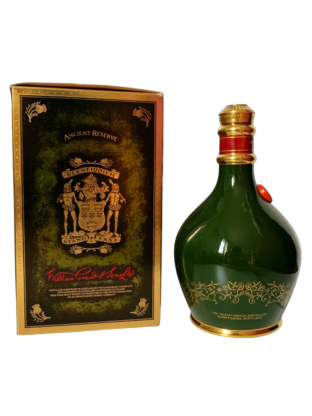 Ancient Reserve Scotch Whisky aged 18 years distilled and bottled at the Glenfiddich Distillery in green ceramic decanter