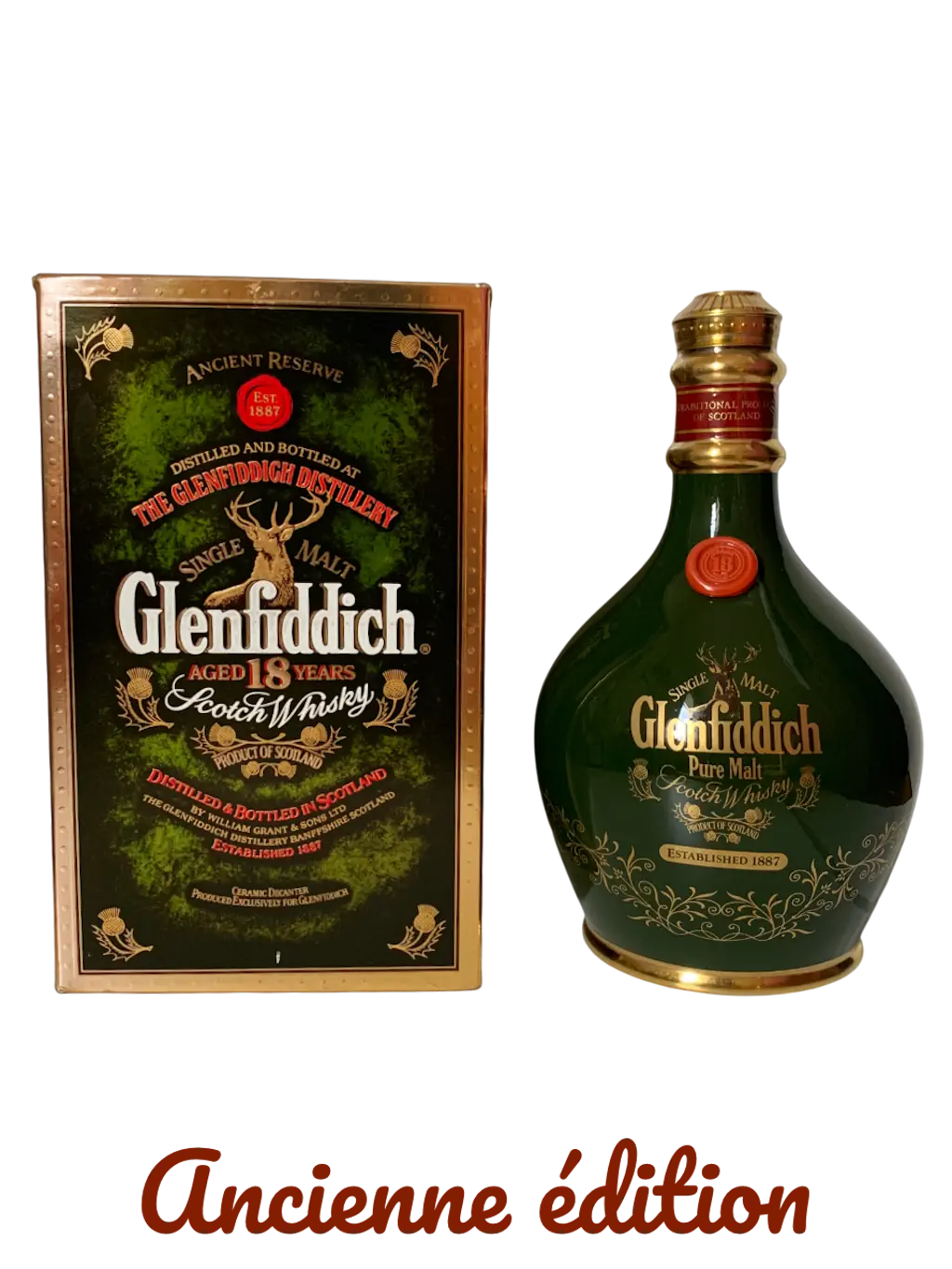 Ancient Reserve Scotch Whisky aged 18 years distilled and bottled at the Glenfiddich Distillery in green ceramic decanter