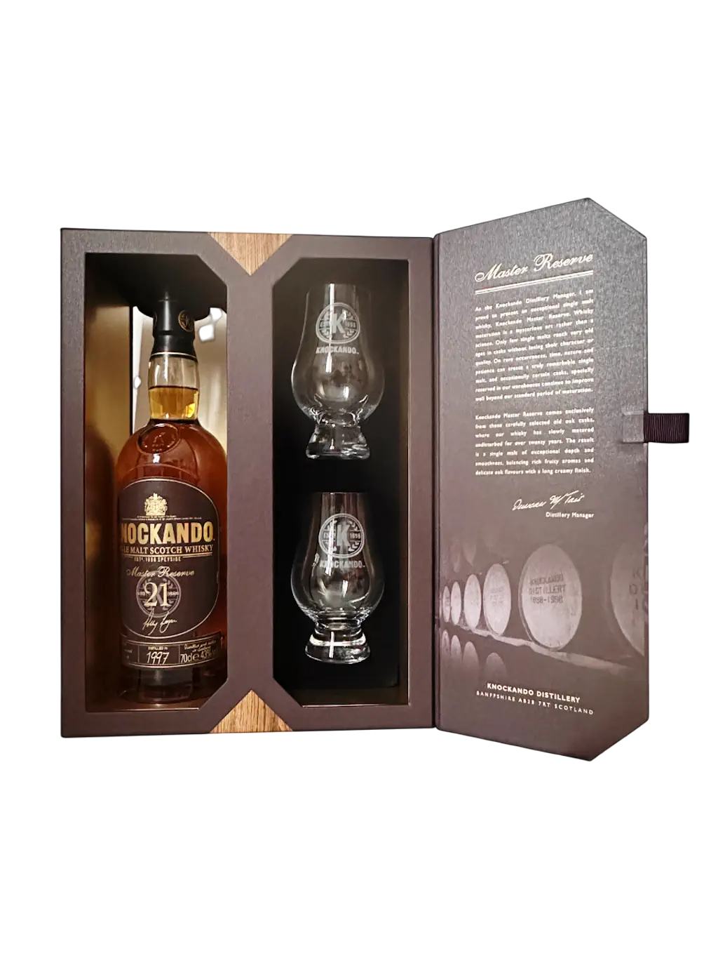 Knockando single malt Scotch whisky 21 years ans Master Reserve 1997 coffret 2 verres