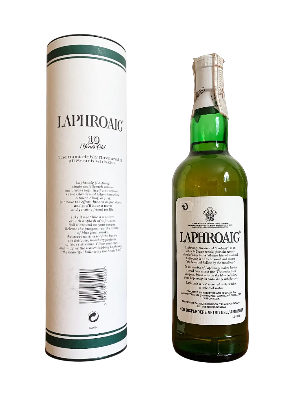 Laphroaig Single Islay Malt Scotch Whisky 10 years old Distribuito da Allied Domecq Italia