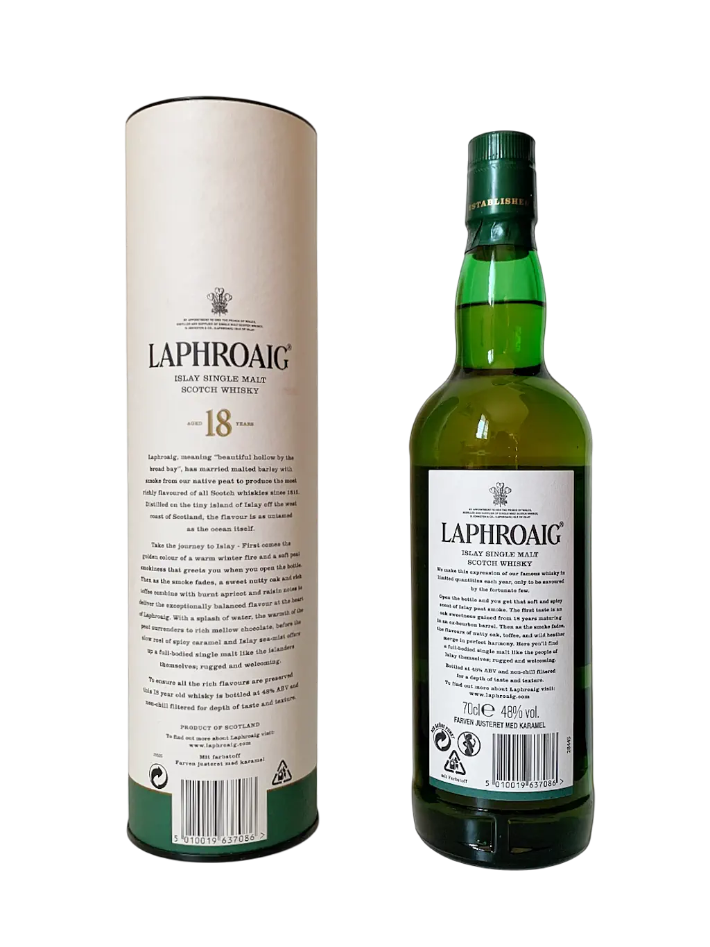 Laphroaig Islay single malt Scotch whisky aged 18 years. The most richly flavoured of all Scotch whiskies.