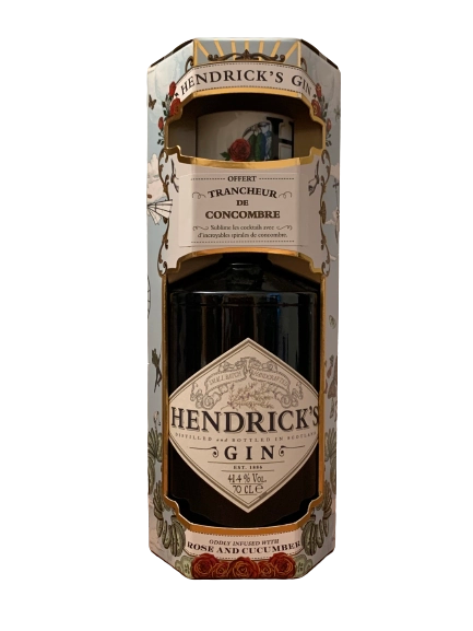 Bouteille de Gin Hendrick's Original dans un coffret avec un trancheur de concombre