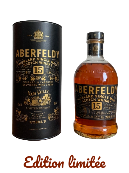 Aberfeldy Highland Single Malt Scotch Whisky 15 years old Finished in Cabernet Sauvignon wine casks from Napa Valley Limited Edition