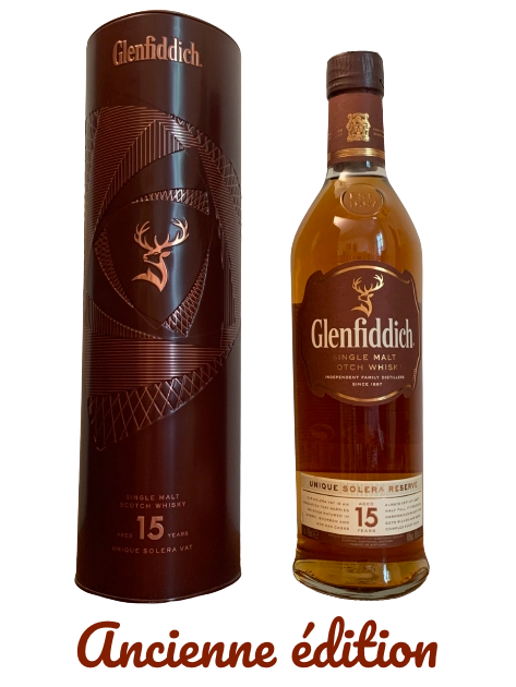 Glenfiddich single malt Scotch whisky aged 15 years unique solera reserve dans un étui métallique