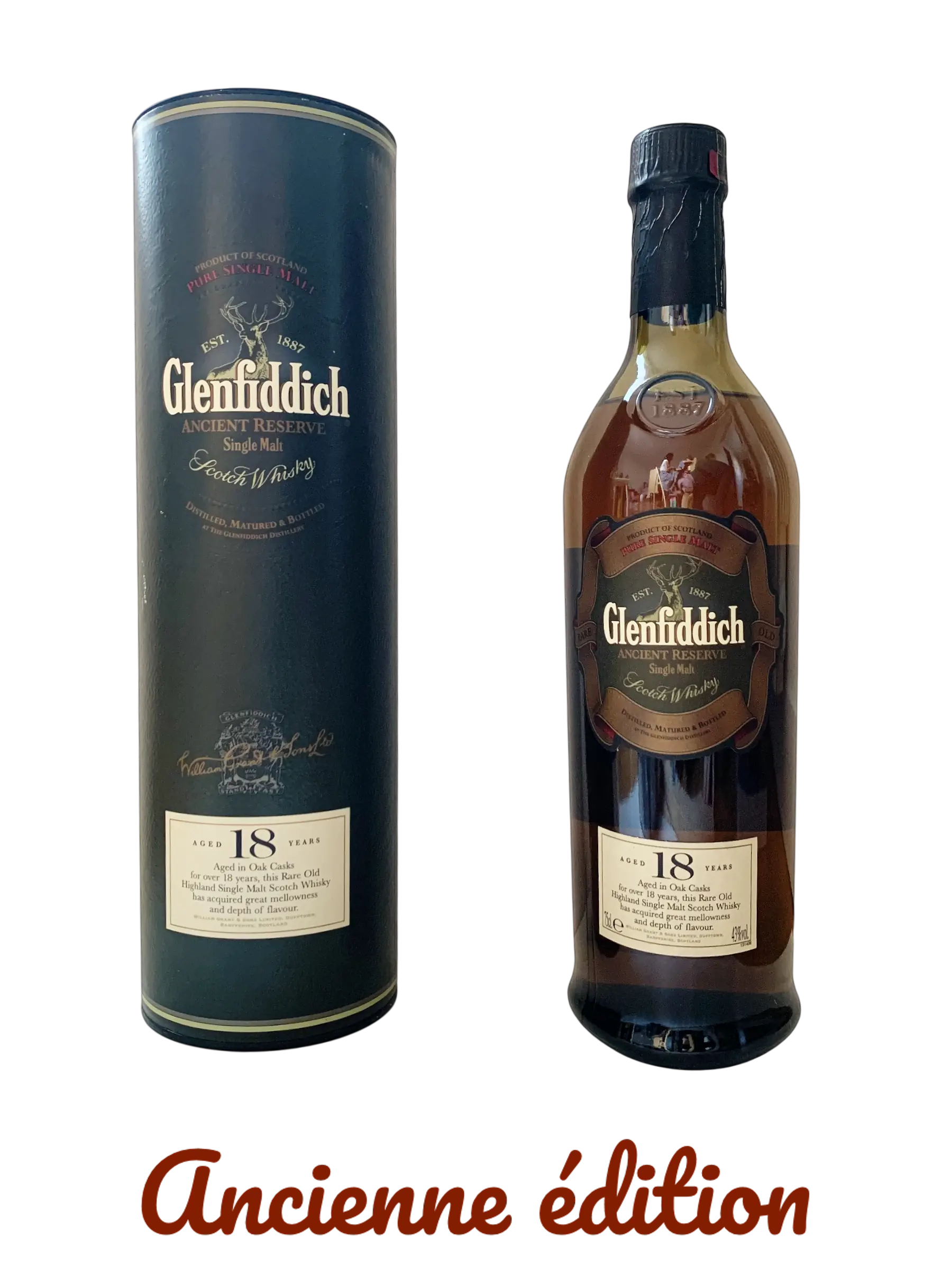 Pure single malt Glenfiddich ancient reserve aged 18 years in oak casks
