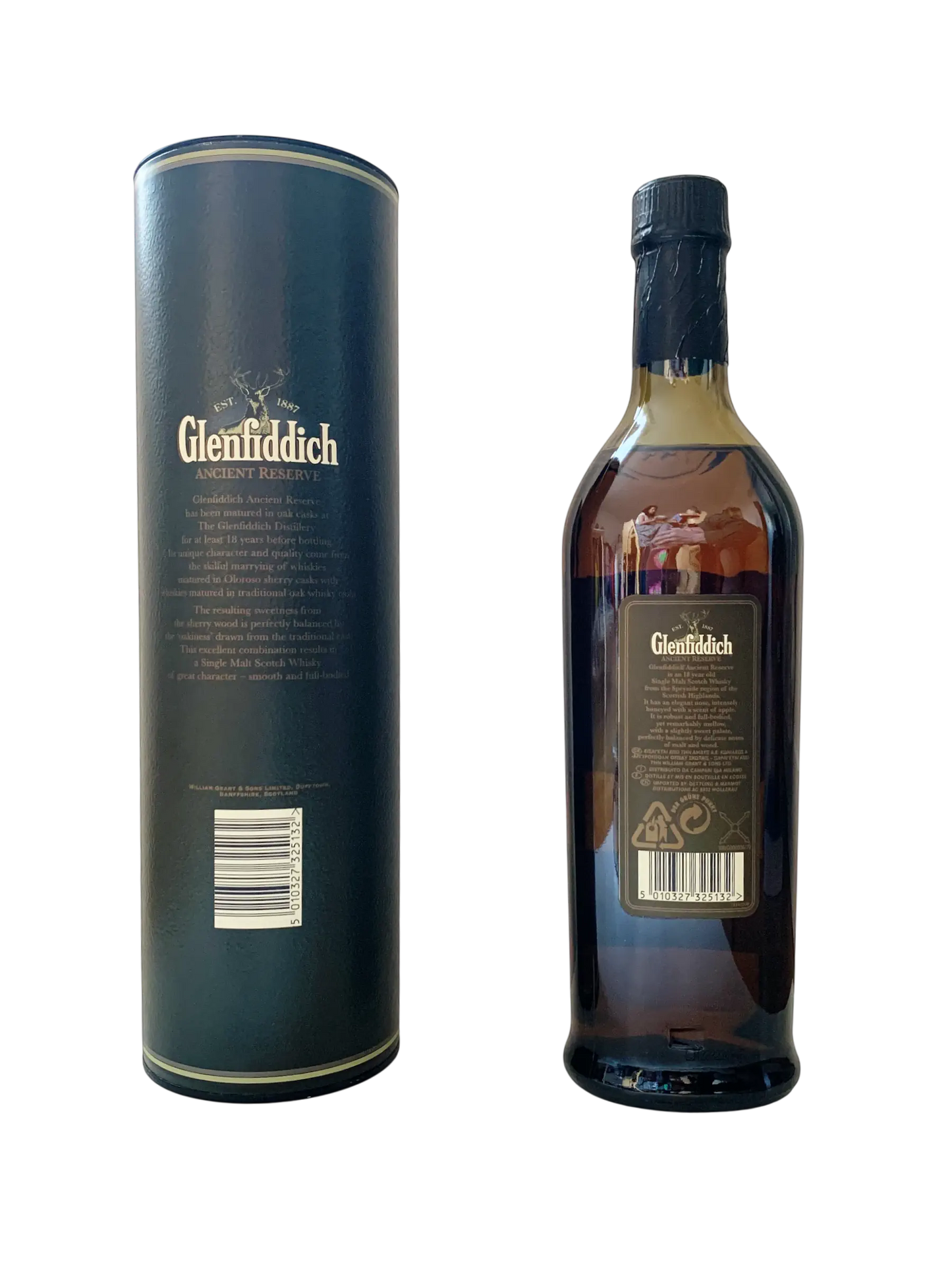 Pure single malt Glenfiddich ancient reserve aged 18 years in oak casks