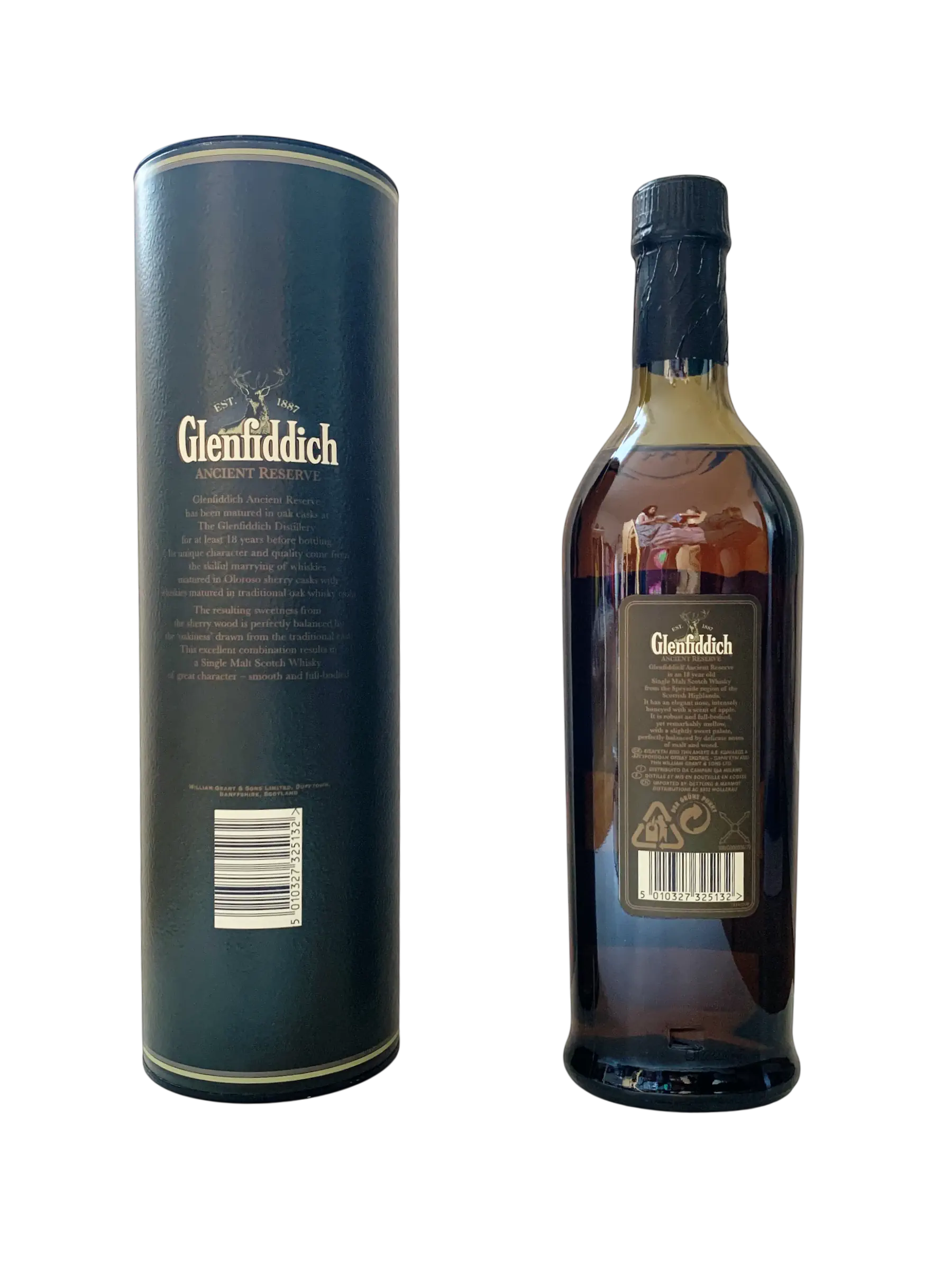 Pure single malt Glenfiddich ancient reserve aged 18 years in oak casks