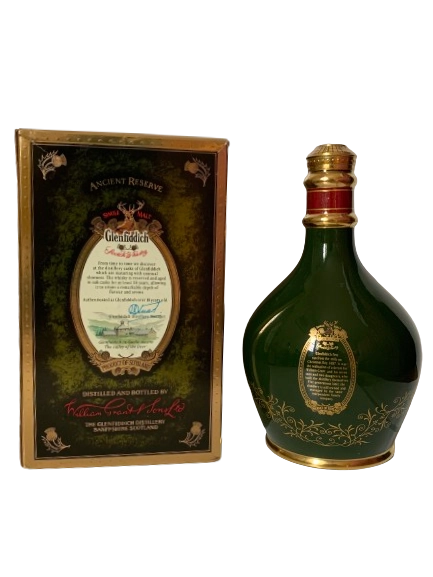 Ancient Reserve Scotch Whisky aged 18 years distilled and bottled at the Glenfiddich Distillery in green ceramic decanter