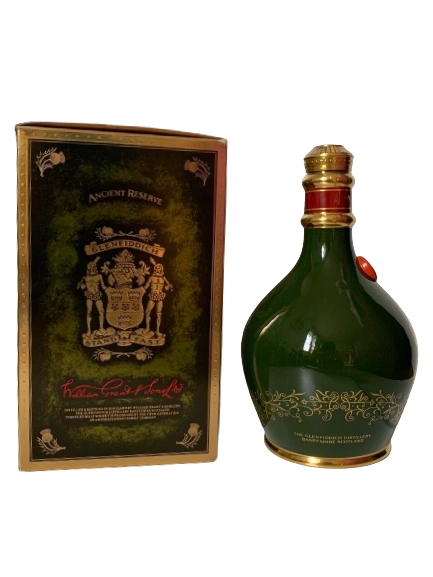 Ancient Reserve Scotch Whisky aged 18 years distilled and bottled at the Glenfiddich Distillery in green ceramic decanter