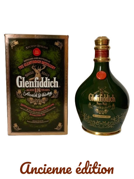 Ancient Reserve Scotch Whisky aged 18 years distilled and bottled at the Glenfiddich Distillery in green ceramic decanter