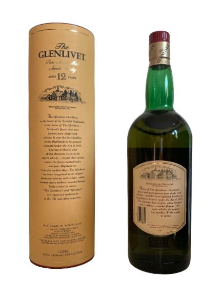 The Glenlivet aged 12 years Pure single malt Scotch whisky distilled in Scotland by George and JG Smith