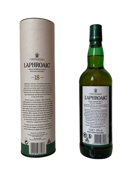 Laphroaig Islay single malt Scotch whisky aged 18 years. The most richly flavoured of all Scotch whiskies.