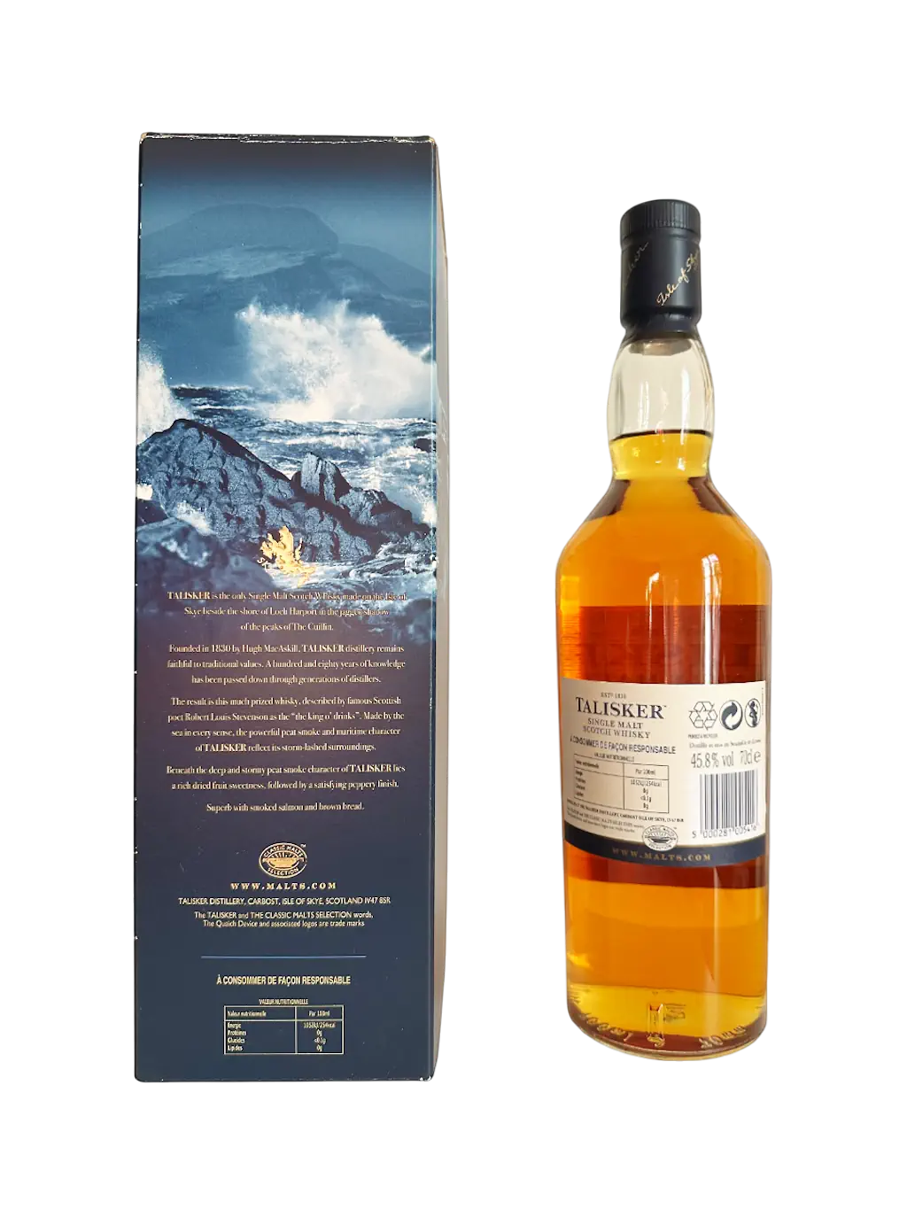 Talisker single malt Scotch whisky aged 10 years, the only distillery on the isle of skye