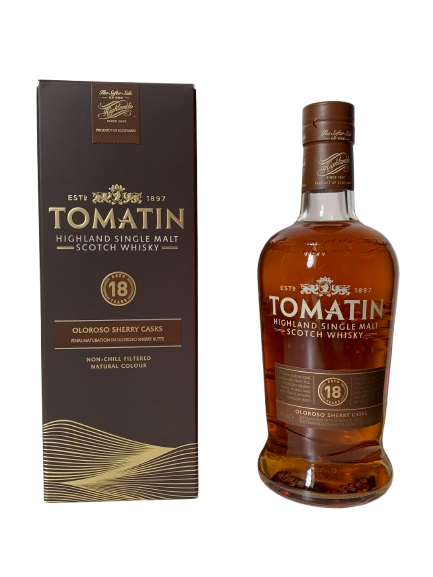 Tomatin Highland single malt Scotch whisky aged 18 years final maturation in oloroso sherry butts